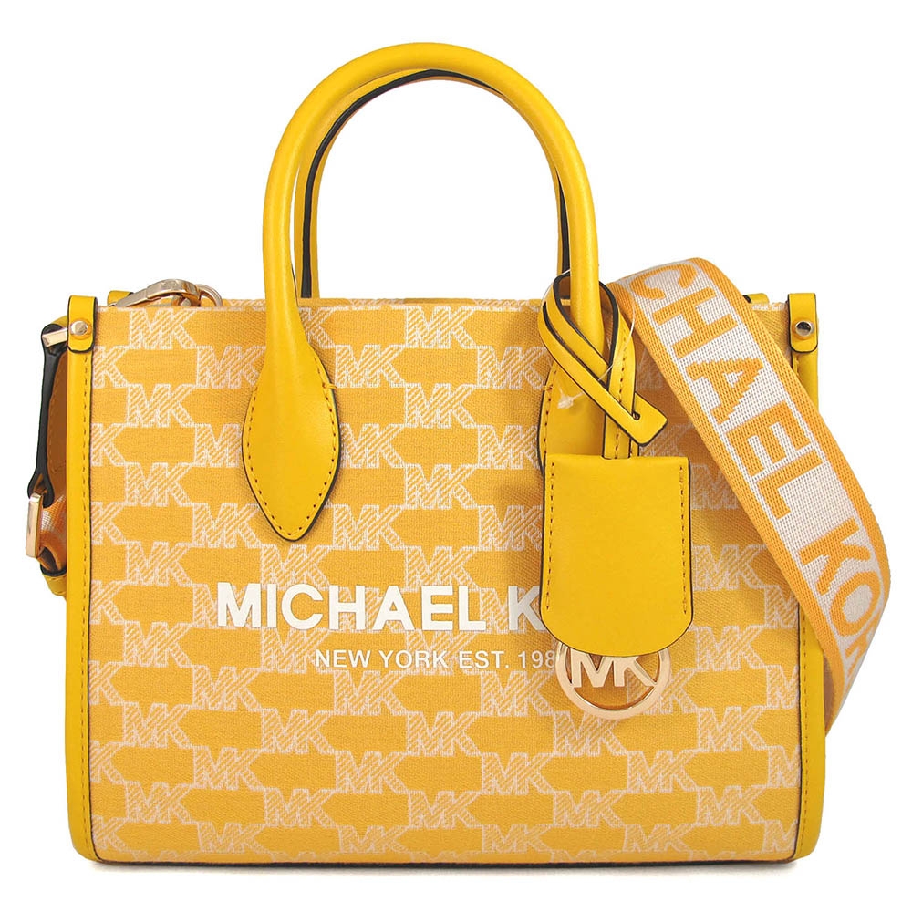 MICHAEL KORS Mirella 品牌大標緹花滿版MK織紋寬帶兩用包(奶黃色)