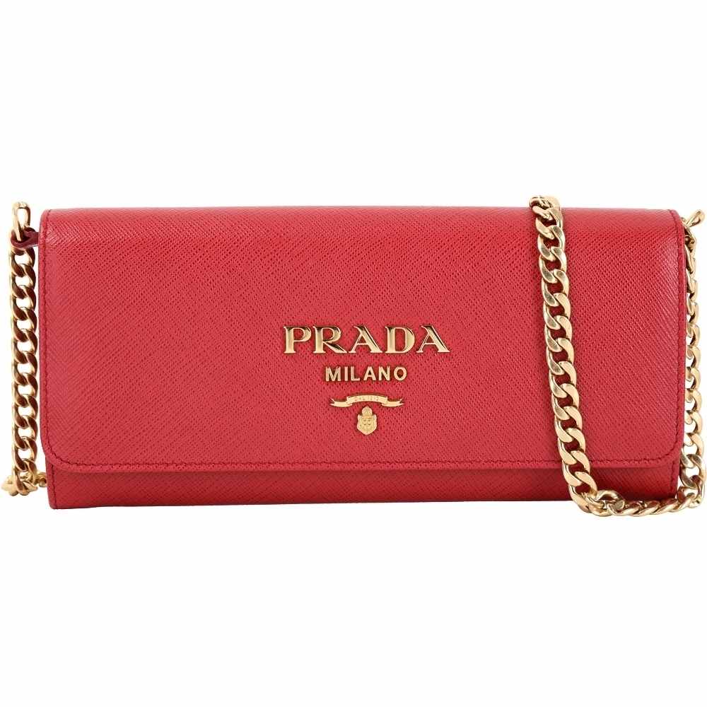 PRADA Saffiano woc金字浮刻牛皮翻蓋式長夾/鍊帶包(紅色)