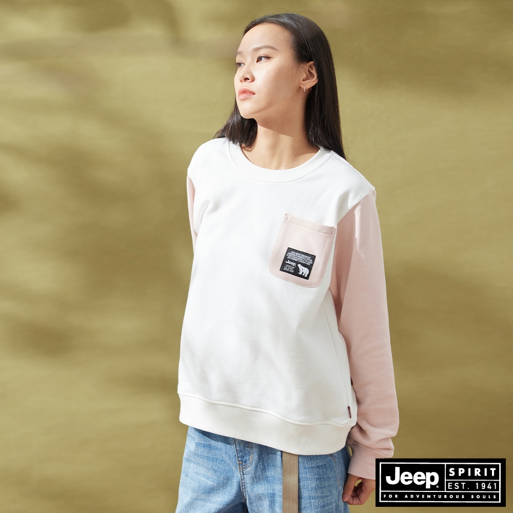 JEEP 女裝 時尚跳色剪接口袋大學T-粉白色