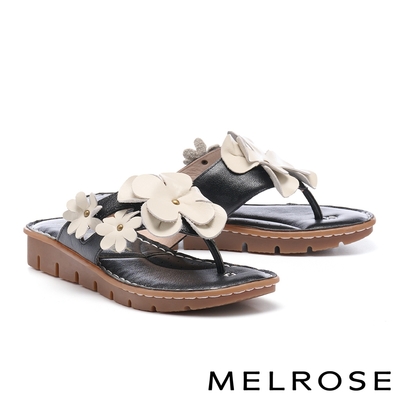 拖鞋 MELROSE 美樂斯 綻放立體花朵造型全真皮夾腳厚底拖鞋－黑