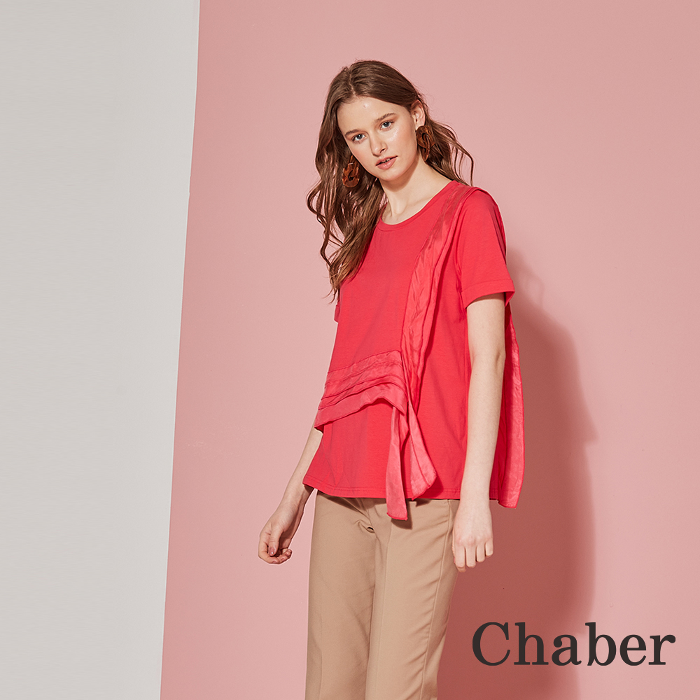 Chaber巧帛 設計款拼接緞帶綁帶結飾造型上衣(三色)-嘉年華紅