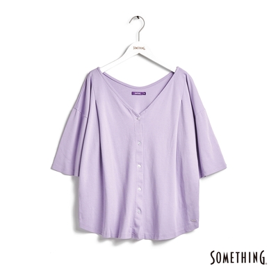 SOMETHING 打褶造型寬版Ｖ領開襟短袖襯衫-女-粉紫色