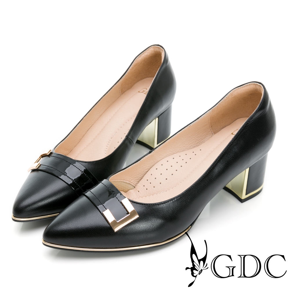 GDC-真皮歐美尖頭簡約中跟粗跟上班包鞋-黑色