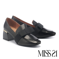 高跟鞋 MISS 21 復古時髦扁平蝴蝶結織帶真皮方頭粗高跟鞋－黑