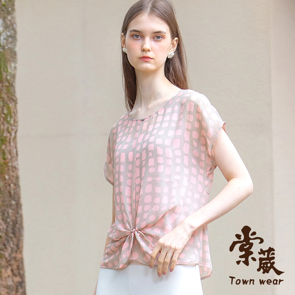 【TOWNWEAR棠葳】滿版不規則色塊綁結上衣(女上衣/女上著/透膚/鑽飾/短袖)