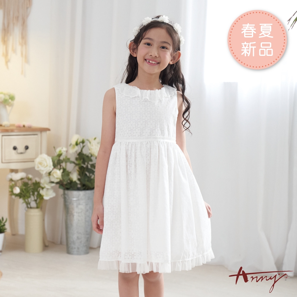 Annys安妮公主-可愛花朵紋蕾絲領春夏款無袖綁帶洋裝*0129白色