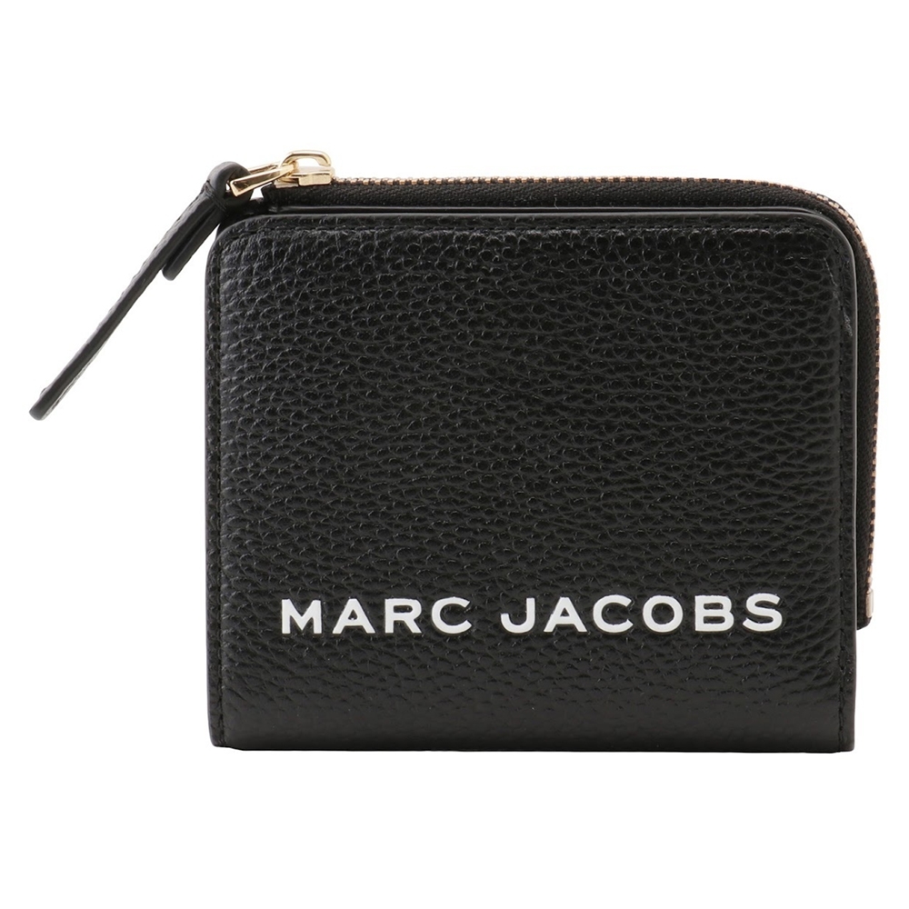 MARC JACOBS 經典LOGO荔枝紋皮革對折拉鍊袋短夾 黑色