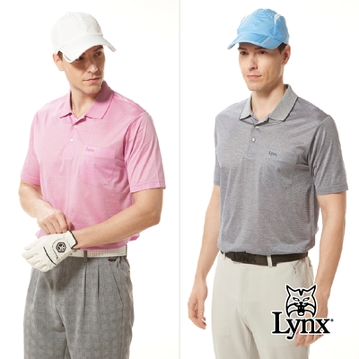 【Lynx Golf】男款歐洲進口絲光面料粉白點點圖樣典雅胸袋款短袖POLO衫(二色)