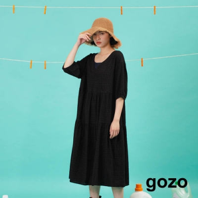 gozo-交叉V領織紋洋裝(黑色)