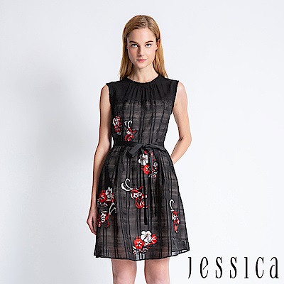JESSICA - 刺繡透膚格紋設計洋裝（黑）
