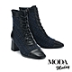 短靴  MODA MODAY 優雅復古感拼接毛呢布方頭高跟短靴－黑 product thumbnail 1