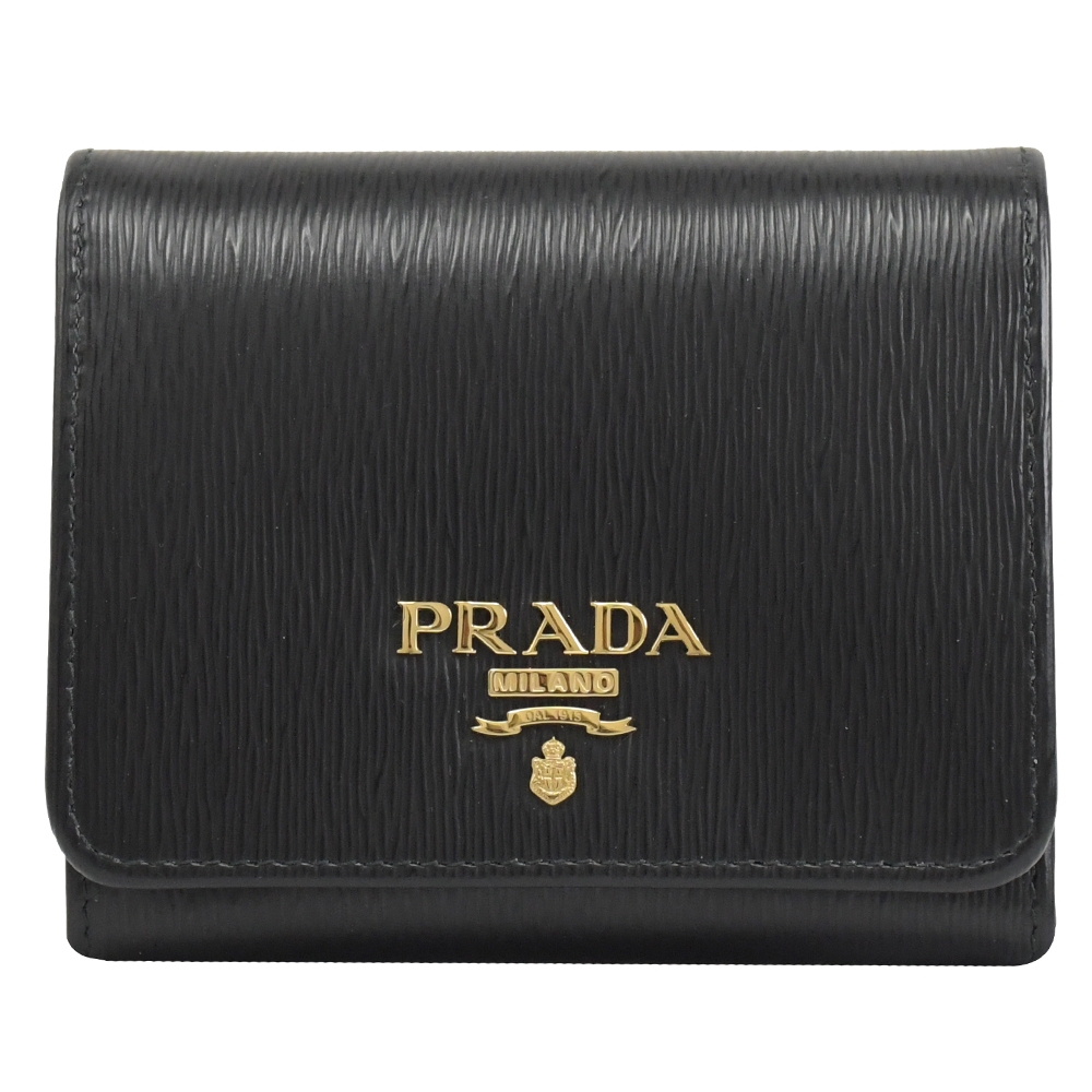 PRADA 經典LOGO水波紋三折式短夾(黑)