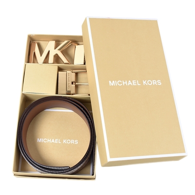 MICHAEL KORS 女款 緹花LOGO雙釦頭雙面用皮帶禮盒組-白色-L