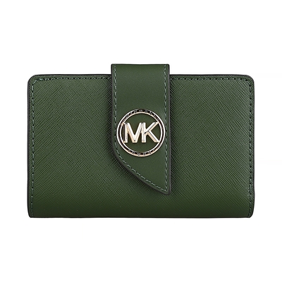 MK MICHAEL KORS Greenwich立體圓形金字LOGO防刮牛皮6卡釦式中夾(亞馬遜綠)