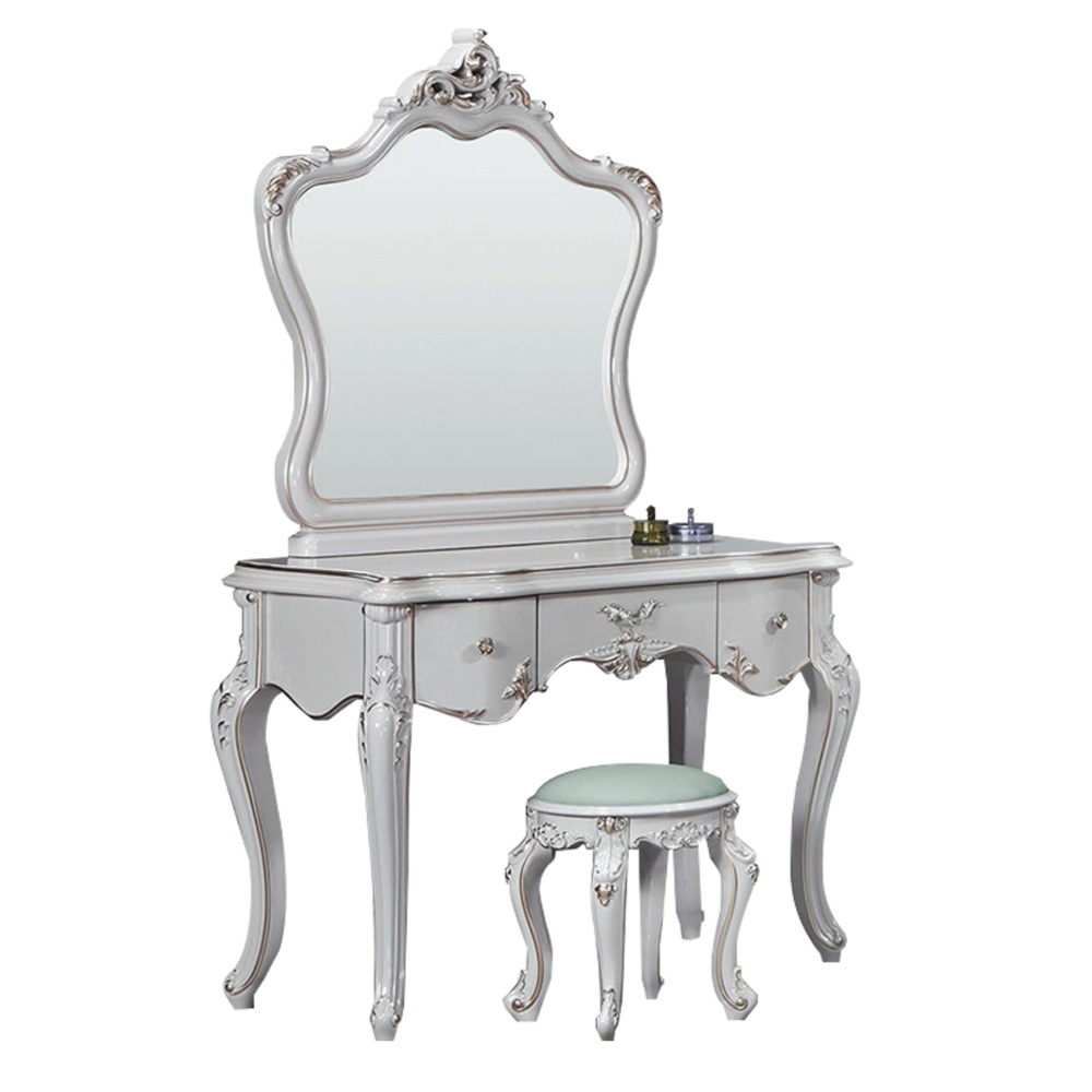 【文創集】安蒂 法式白3.3尺立鏡式鏡台/化妝台組合(含化妝椅)-100x52x173cm免組