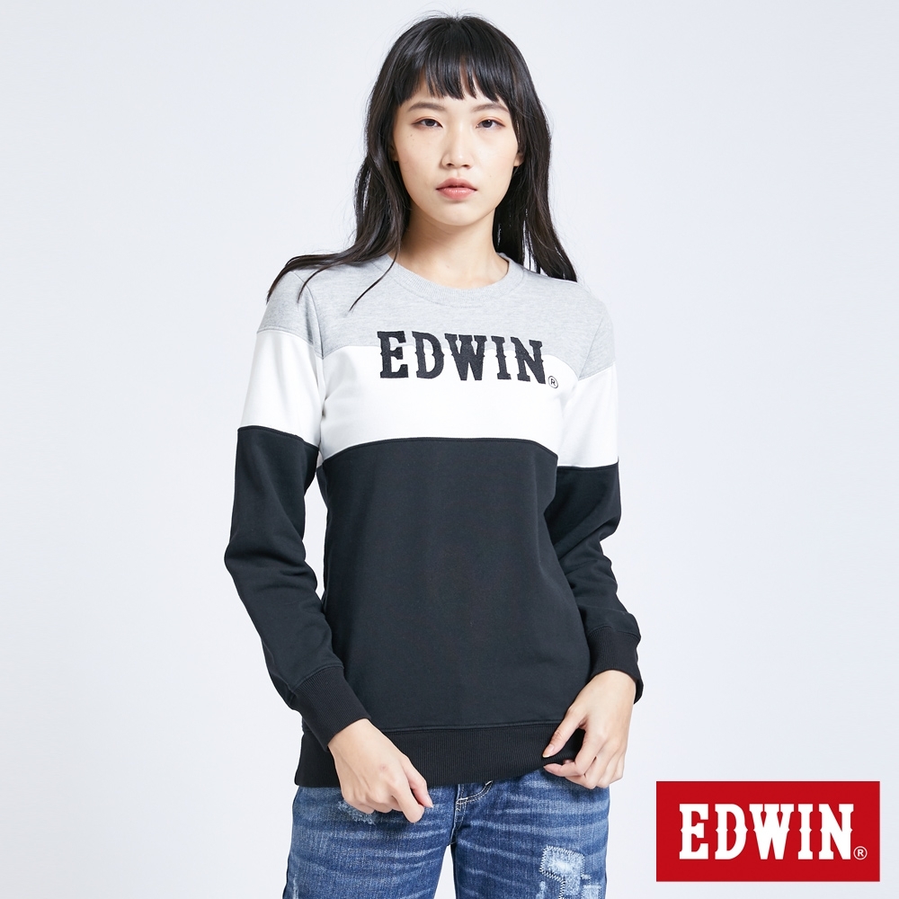 EDWIN 配色拼接LOGO長袖T恤-女-黑色