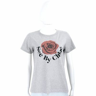 SEE BY CHLOE 玫瑰花植絨字母灰色有機棉短袖TEE T恤(女款)