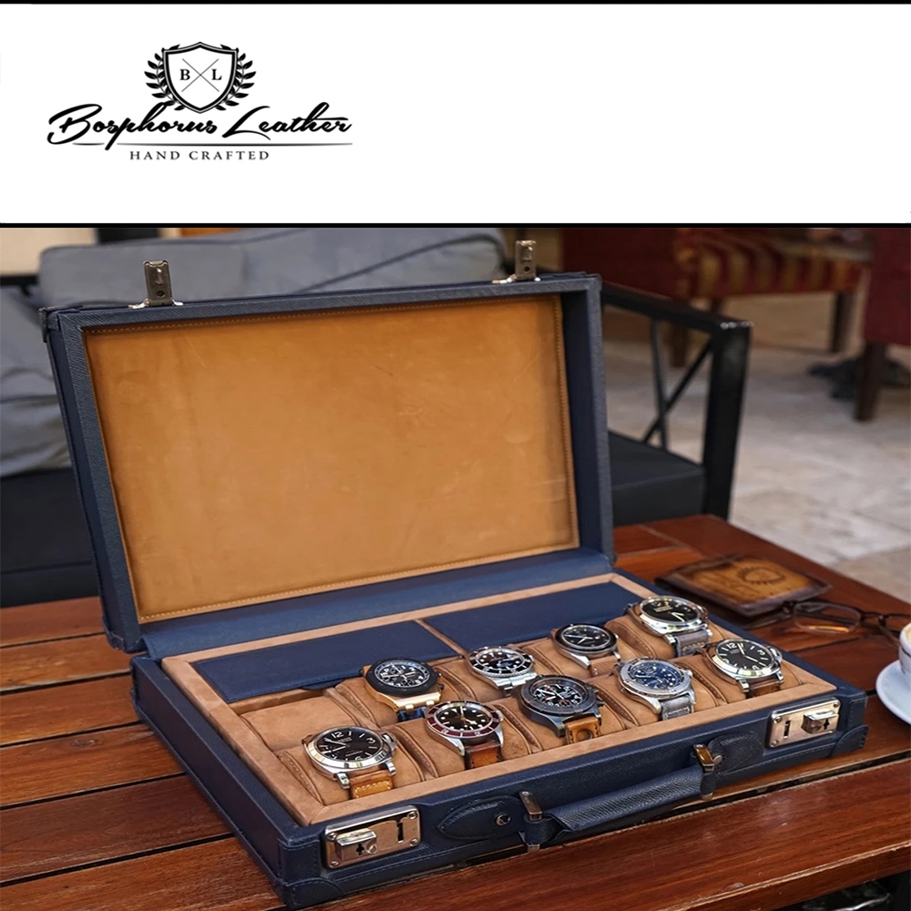 【伯倫】Saffiano-X10 海軍藍 手提式銀釦十腕錶盒+兩入珠寶盒