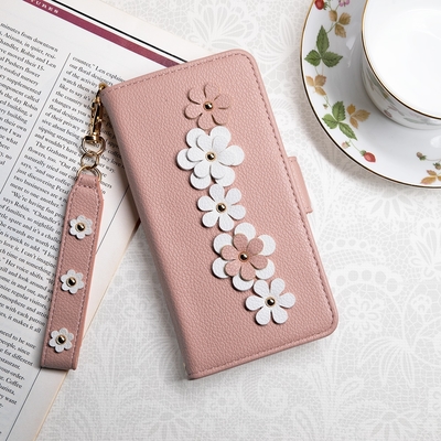 Aguchi 亞古奇 Apple iPhone 13 (6.1吋) 花語 鉚釘立體花朵手機皮套 頂級柔軟皮革 附皮質璀璨吊飾 - 嫩粉