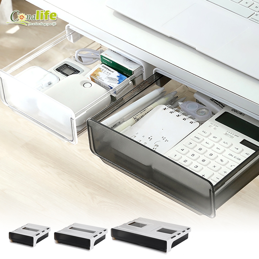 Conalife 升級款桌下隱藏抽屜收納盒-  小17x22x6.5+大 27.5x37x7CM(1組)