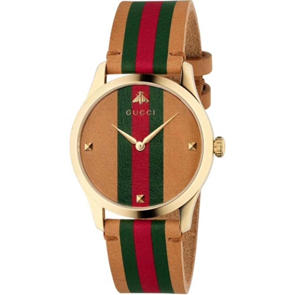 GUCCI G-Timeless小蜜蜂條紋logo牛皮時尚腕錶/1264077