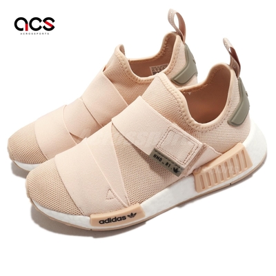 adidas 休閒鞋 NMD R1 W Strap 女鞋 粉橘 白 BOOST 襪套 魔鬼氈 三葉草 愛迪達 GW9469