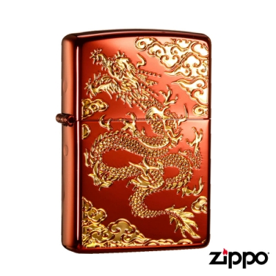 日系Zippo 金嵌騰龍紋-浮雕艷紅防風打火機#ZA-3-35a