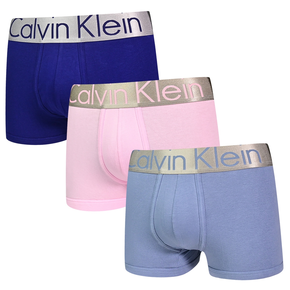 Calvin Klein Steel 棉質寬腰帶合身四角/平口褲 CK內褲-海軍藍、粉、海洋藍 三入組