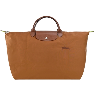 longchamp le pliage green系列刺繡短把再生尼龍摺疊旅行袋(小/白蘭地酒)