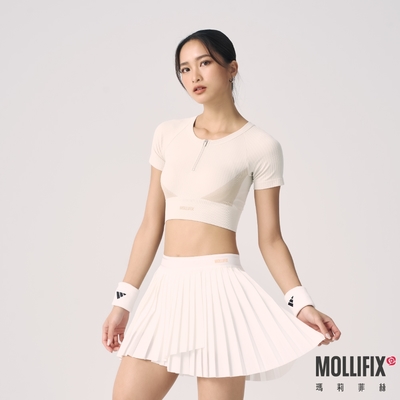 Mollifix 瑪莉菲絲 A++前拉鍊無縫短袖BRA TOP(米卡其)、瑜珈服、無鋼圈、開運內衣