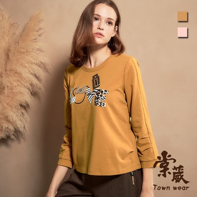 【TOWNWEAR棠葳】立體植絨字母造型棉質上衣 2色(女上衣/女上著/長袖/飾品/壓褶)