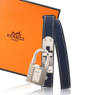 HERMES Kelly watch雙圈皮革銀色錶盤鎖頭手錶20mm-海軍藍