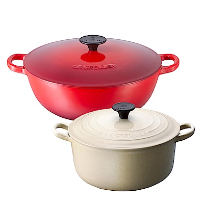 (結帳再折1000) LE CREUSET 鑄鐵媽咪鍋22cm櫻桃紅+鑄鐵圓鍋20cm沙丘白