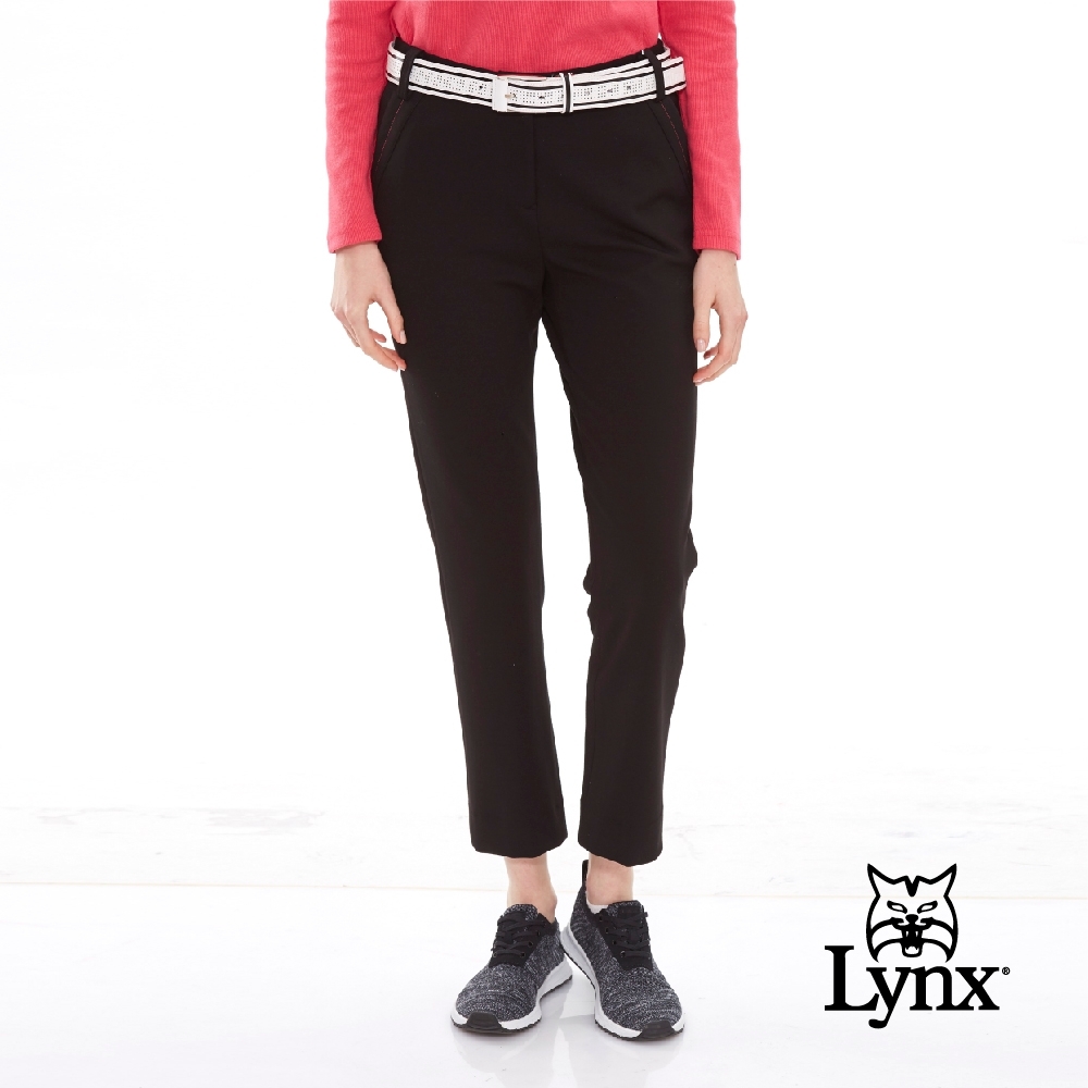 【Lynx Golf】女款知性口袋縫線配色窄管休閒九分褲-黑色