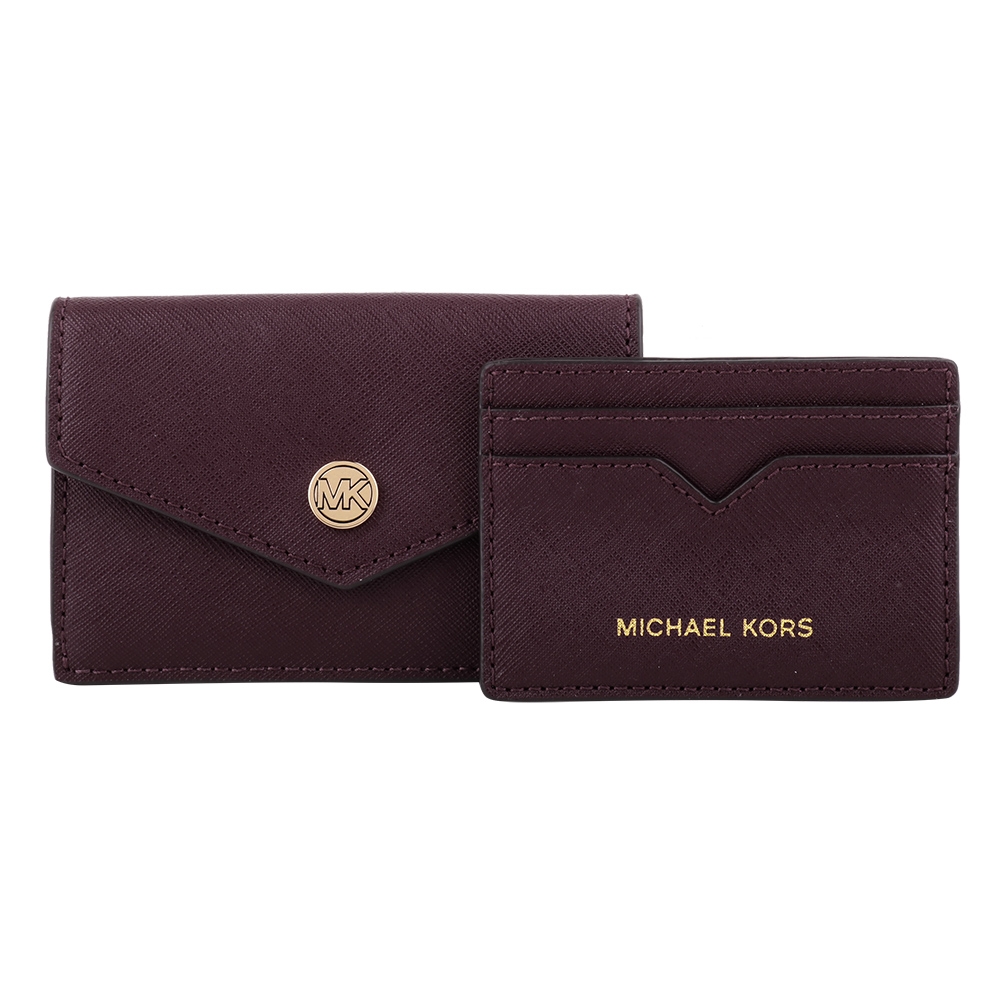 MICHAEL KORS 金釦MK素面防刮皮革/附卡夾零錢包(酒紅色)