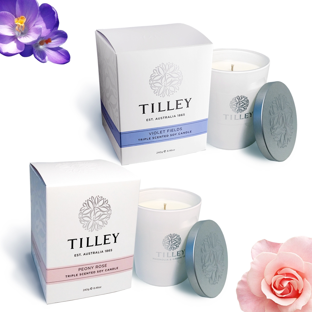 Tilley百年特莉 澳洲香氛大豆蠟燭-二入組(牡丹玫瑰+紫羅蘭)