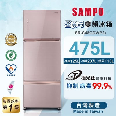 SAMPO聲寶 475公升1級能效星美滿極光鈦三門變頻冰箱SR-C48GDV(P2)琉璃粉