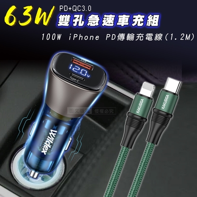 Wildex微透 63W急速充電 PD+QC雙孔電瓶電壓車充頭+100W iPhone PD傳輸充電線組合