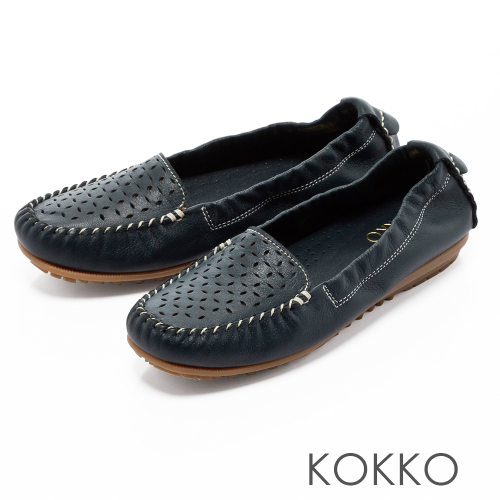 KOKKO -舒適彈力鏤空雕花牛皮休閒平底鞋- 紳士藍