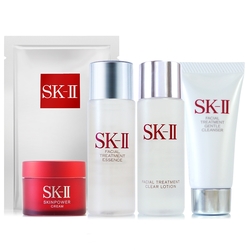 *SK-II 青春露30ml+亮采化妝水30ml+全效活膚潔面乳20g+致臻肌活能量輕盈活膚霜15g+青春敷面膜*1片+化妝包-隨機(全新改版/正統公司貨)