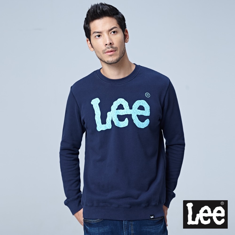 Lee 男款 復古風格大Logo長袖圓領大學T/厚T 深藍