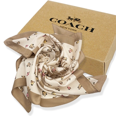COACH 經典馬車LOGO100%蠶絲絲巾圍巾禮盒(花卉/咖金)