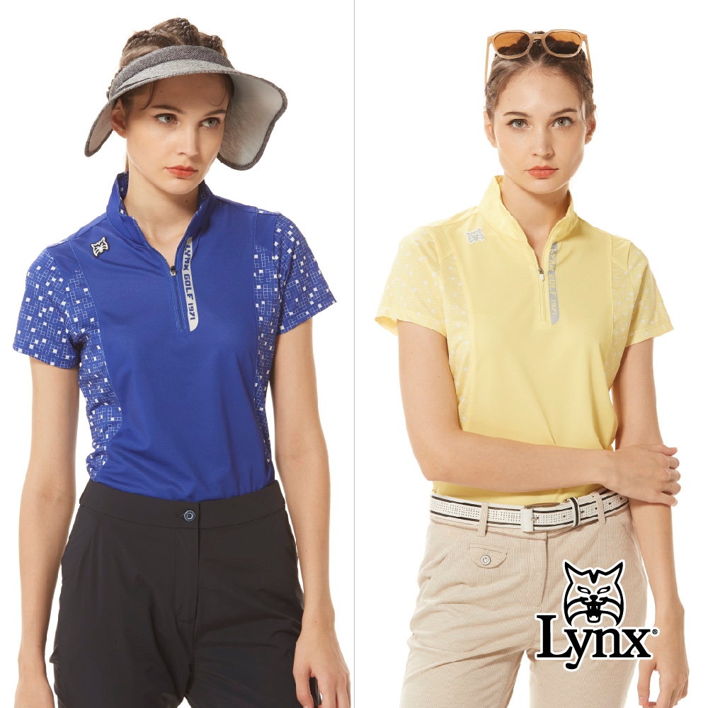 【Lynx Golf】女款吸排抗UV合身版反光印花山貓矽膠車標短袖立領POLO衫/高爾夫球衫(二色)