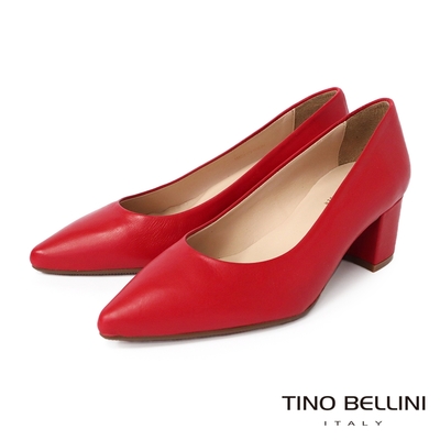 Tino Bellini 西班牙進口牛皮純色尖頭5.5CM粗跟鞋-紅