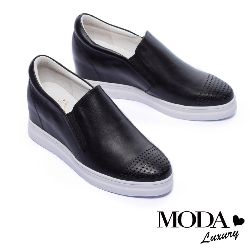 休閒鞋 MODA Luxury 低調沖孔水鑽全真皮內增高厚底休閒鞋－黑