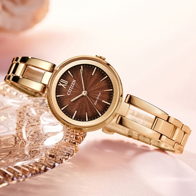 CITIZEN星辰 LADY S系列 光動能時尚優雅棕腕錶 母親節 禮物 28mm / EM0809-83X