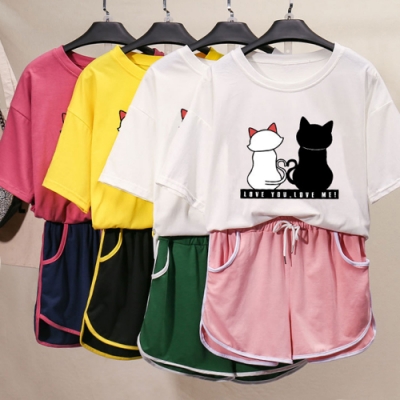 【韓國K.W.】(預購) 好感貓咪滑棉休閒套裝(共4色)