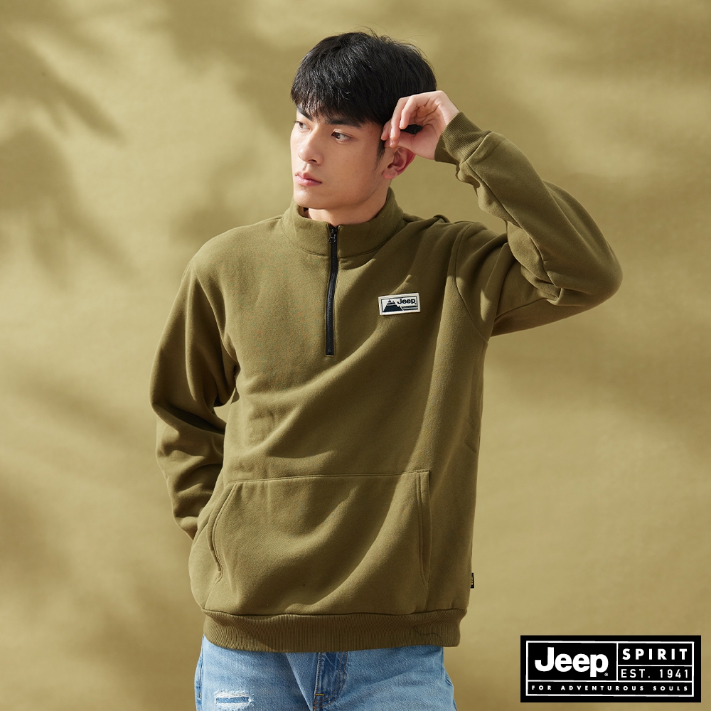 JEEP 男裝 素色拉鍊立領刷毛長袖POLO衫-綠色