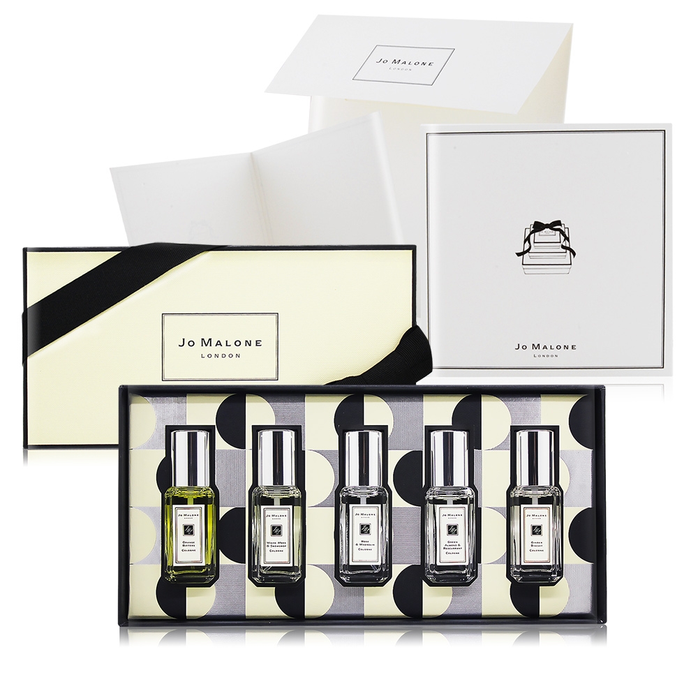 Jo Malone 繽紛聖誕香水組(苦橙+白苔+玫瑰星玉蘭+綠杏仁紅醋栗+甜薑餅)+原廠禮物卡片組-限量大集合國際航空版