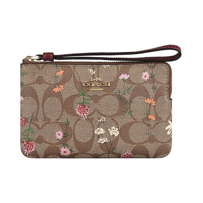 coach 金字馬車logo多種花朵印花pvc拉鍊手拿包(卡其)